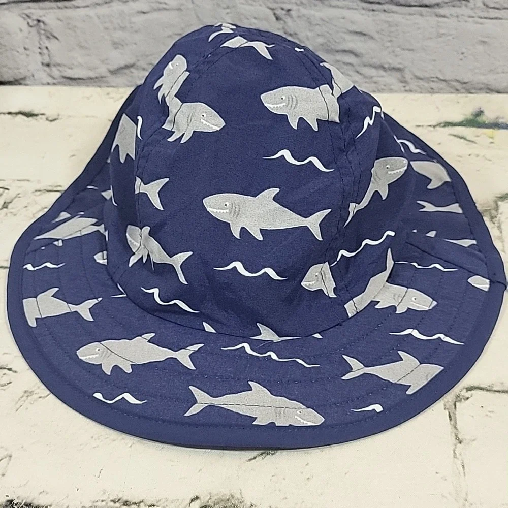 Pottery Barn Baby Size 12 Months Navy Shark Print Reversible Sun Hat W/Neck Flap